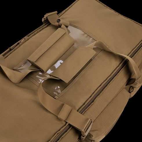 The Condor Haul 37 Rolling Duffle, a tan padded tactical bag with handles, transparent ID window, and multiple external pouches, is shown on a white background.
