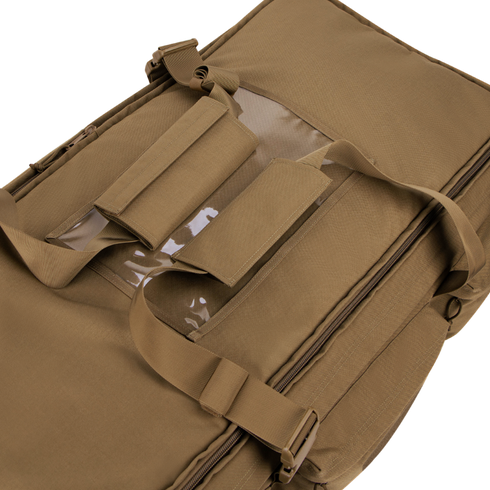 The Condor Haul 37 Rolling Duffle, a tan padded tactical bag with handles, transparent ID window, and multiple external pouches, is shown on a white background.