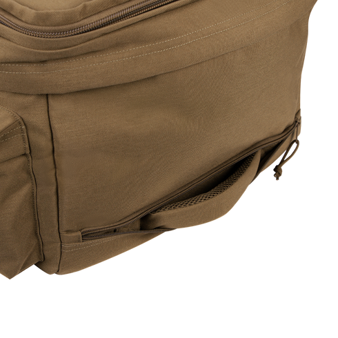 Close-up of the Condor Haul 37 Rolling Duffle in brown, featuring a front zippered pocket and mesh side pocket, shown on a white background.