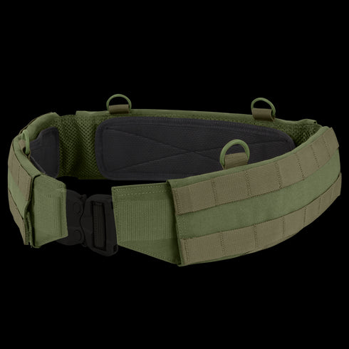 The Condor Slim Battle Belt in Olive Drab features MOLLE webbing, a padded inner lining, and a metal buckle for secure gear carry.