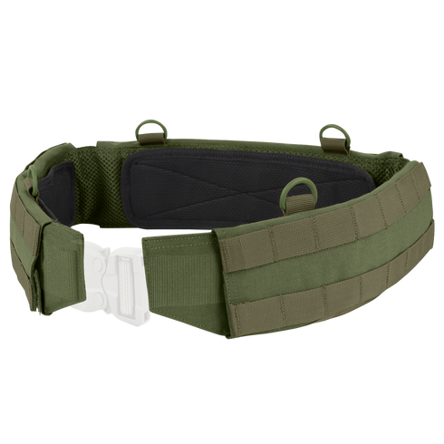 The Condor Slim Battle Belt in Olive Drab features MOLLE webbing, a padded inner lining, and a metal buckle for secure gear carry.