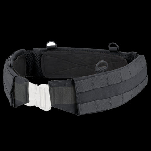 The Condor Slim Battle Belt in black offers padded support, an adjustable strap, plastic buckle, and multiple loops and webbing—ideal tactical gear for high-mobility missions.
