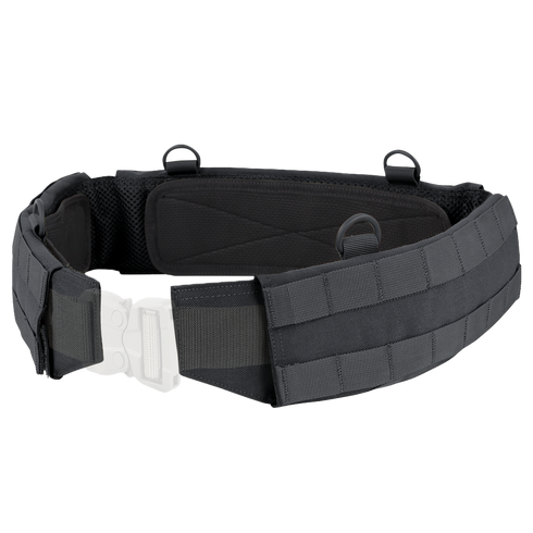 The Condor Slim Battle Belt in black offers padded support, an adjustable strap, plastic buckle, and multiple loops and webbing—ideal tactical gear for high-mobility missions.