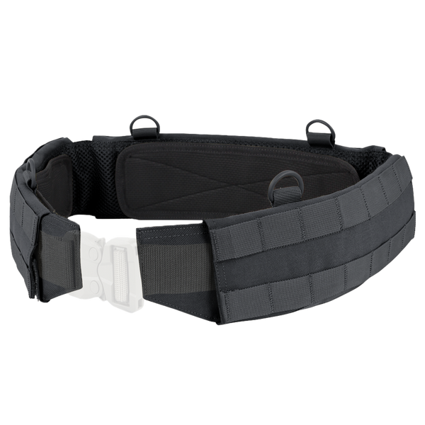 The Condor Slim Battle Belt in black offers padded support, an adjustable strap, plastic buckle, and multiple loops and webbingāideal tactical gear for high-mobility missions.
