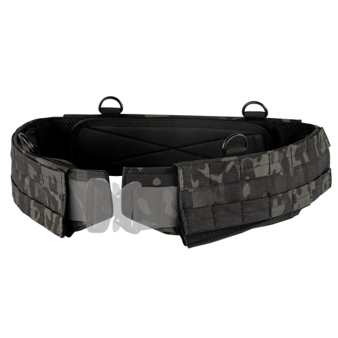 The Condor Slim Battle Belt in MultiCam Black features a padded inner lining, multiple attachment loops, and a sturdy buckle.