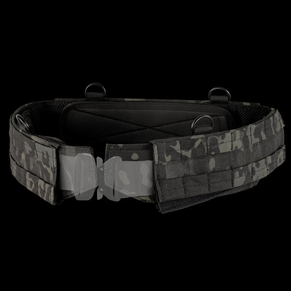 The Condor Slim Battle Belt in MultiCam Black features a padded inner lining, multiple attachment loops, and a sturdy buckle.