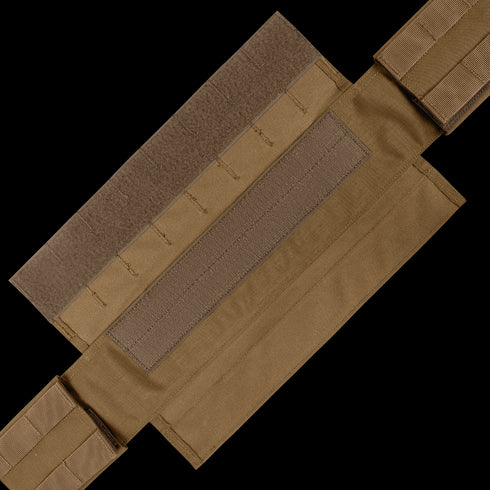 The Condor Slim Battle Belt, featuring tan tactical nylon with Velcro and stitched sections, is designed for military and law enforcement use and is displayed flat on a wooden surface.