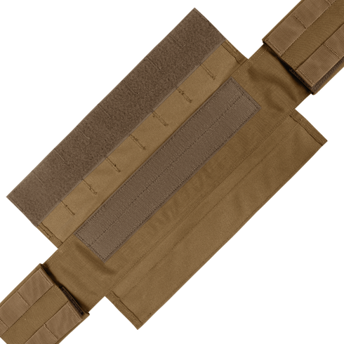 The Condor Slim Battle Belt, featuring tan tactical nylon with Velcro and stitched sections, is designed for military and law enforcement use and is displayed flat on a wooden surface.