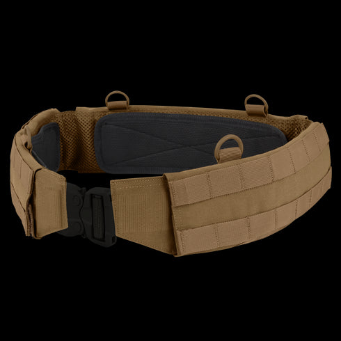 The Condor Slim Battle Belt in coyote brown features a silver buckle, padded black interior, and multiple attachment loops with MOLLE webbing—ideal for high mobility operations.