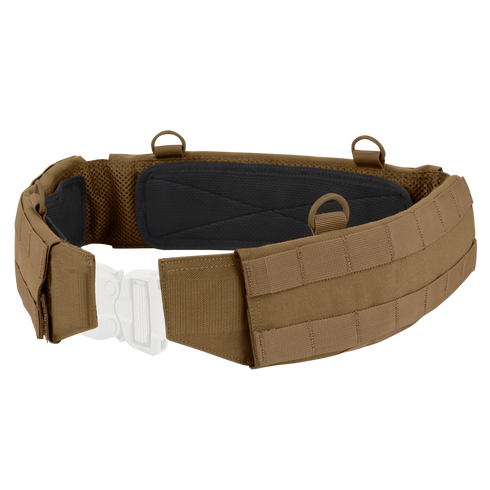 The Condor Slim Battle Belt in coyote brown features a silver buckle, padded black interior, and multiple attachment loops with MOLLE webbing—ideal for high mobility operations.