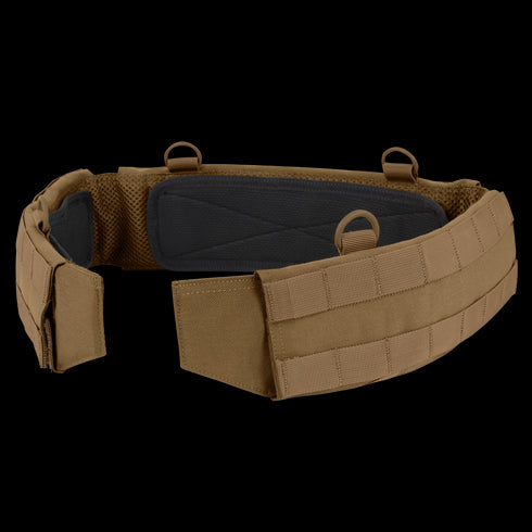 The Condor Slim Battle Belt is a tan tactical duty belt with MOLLE webbing and padded interior, built for attaching gear and supporting high mobility operations.