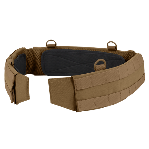 The Condor Slim Battle Belt is a tan tactical belt with a padded black interior, MOLLE webbing, and multiple attachment loops, shown on a plain background.