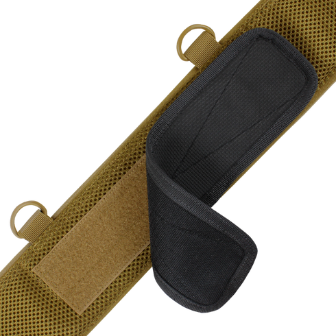 A close-up of the Condor Slim Battle Belt in MultiCam Black, showing its tan strap with Velcro patch, dual metal rings, and partially open black padded section—perfect for law enforcement or shooting range use.