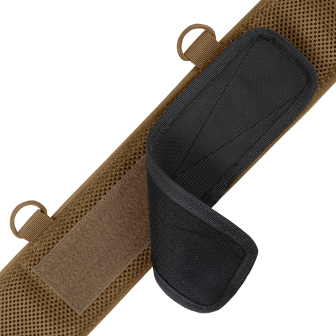 Close-up of the Condor Slim Battle Belt, showing a brown strap with a textured black padded section, Velcro attachment, and two metal rings on each side.