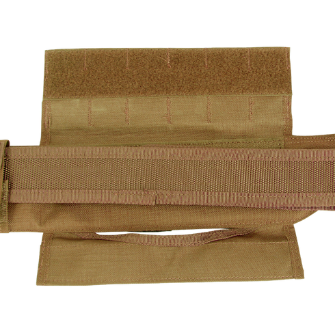 A close-up of the Condor Slim Battle Belt in MultiCam Black shows its Velcro fastenings and horizontal strap, lying open and flat—ideal for EDC or bushcraft essentials. Now on sale!.