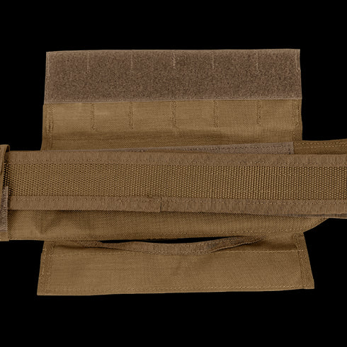 A close-up of the Condor Slim Battle Belt in tan fabric with Velcro and webbing—designed for tactical use, perfect for carrying gear at the shooting range or aiding first responders in the field.