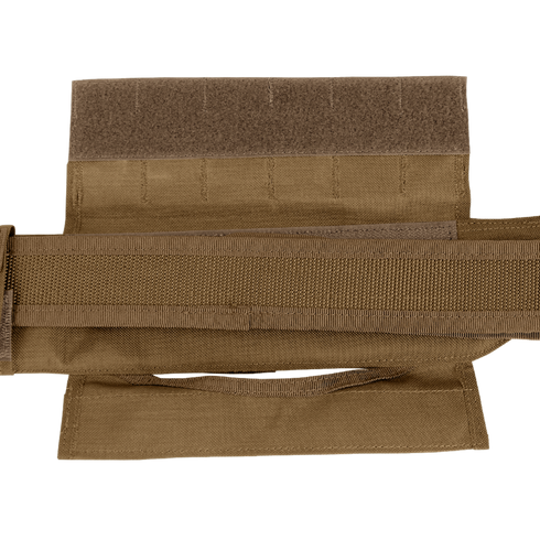 A close-up of the Condor Slim Battle Belt in tan fabric with Velcro and webbing—designed for tactical use, perfect for carrying gear at the shooting range or aiding first responders in the field.