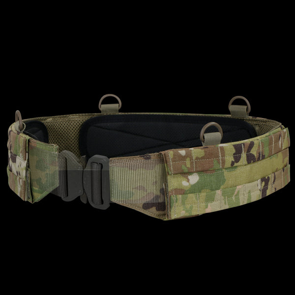 The Condor Slim Battle Belt in Scorpion OCP features a camouflage pattern, metal buckle, padded interior, and multiple attachment loops. Shown here in its distinctive Scorpion OCP colorway against a white background.