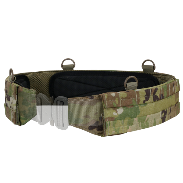 The Condor Slim Battle Belt in Scorpion OCP features a camouflage pattern, metal buckle, padded interior, and multiple attachment loops. Shown here in its distinctive Scorpion OCP colorway against a white background.