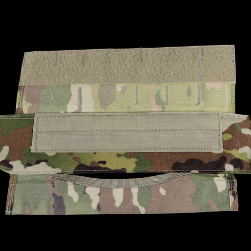 A close-up of three overlapping Condor Slim Battle Belt - Scorpion OCP fabric strips with hook and loop fasteners, arranged horizontally.