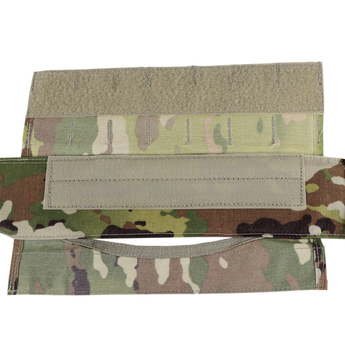 A close-up of three overlapping Condor Slim Battle Belt - Scorpion OCP fabric strips with hook and loop fasteners, arranged horizontally.