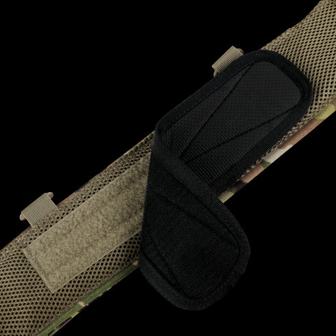 Close-up of the Condor Slim Battle Belt in Scorpion OCP, featuring a camouflage strap with a black padded section secured by hook-and-loop fastener.