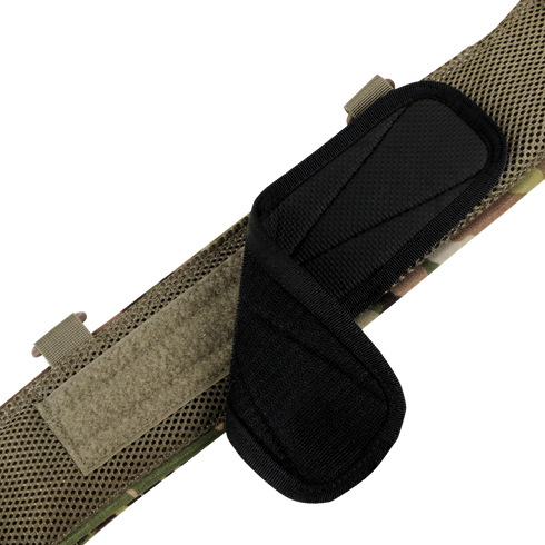 Close-up of the Condor Slim Battle Belt in Scorpion OCP, featuring a camouflage strap with a black padded section secured by hook-and-loop fastener.