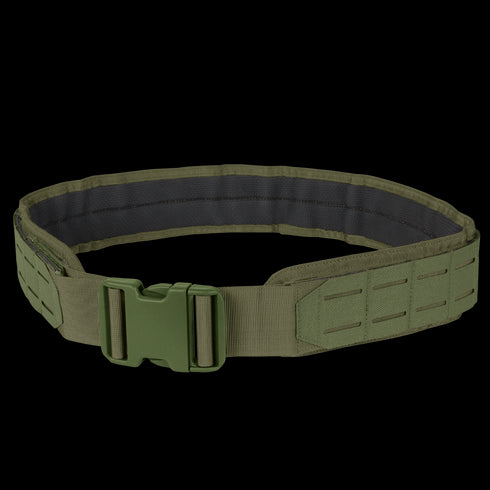 The Condor LCS Gun Belt in Olive Drab features durable tactical nylon, a strong plastic buckle, and laser-cut MOLLE webbing for attaching gear.