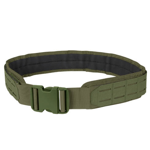 The Condor LCS Gun Belt in Olive Drab features durable tactical nylon, a strong plastic buckle, and laser-cut MOLLE webbing for attaching gear.