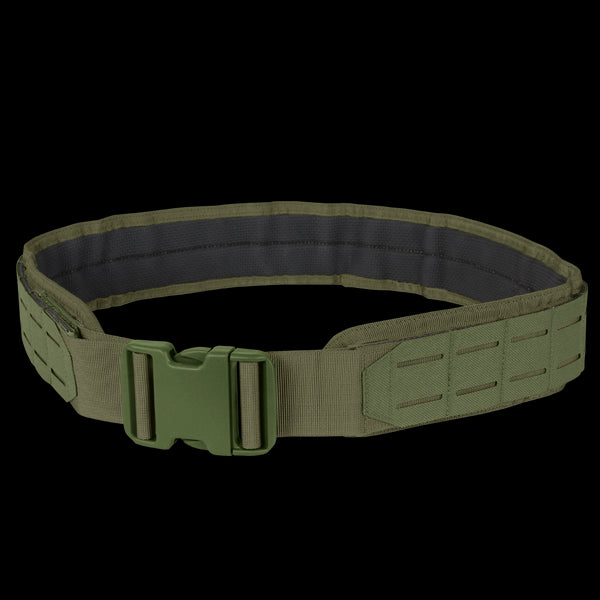 The Condor LCS Gun Belt in Olive Drab features durable tactical nylon, a strong plastic buckle, and laser-cut MOLLE webbing for attaching gear.
