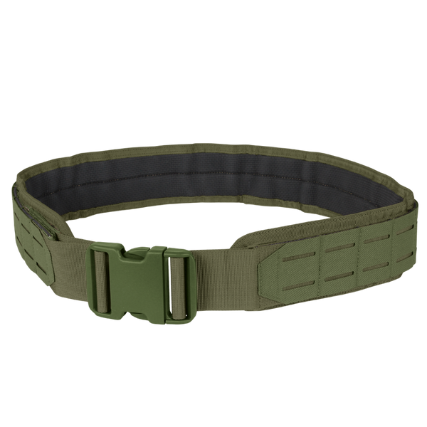The Condor LCS Gun Belt in Olive Drab features durable tactical nylon, a strong plastic buckle, and laser-cut MOLLE webbing for attaching gear.