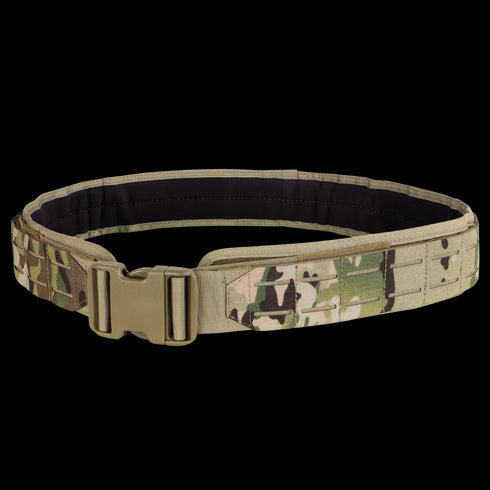 The Condor LCS Gun Belt in MultiCam features a durable plastic buckle and camouflage pattern, ideal for outdoor or military use. Displayed on a plain background.
