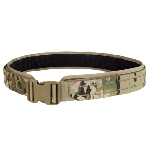The Condor LCS Gun Belt in MultiCam features a durable plastic buckle and camouflage pattern, ideal for outdoor or military use. Displayed on a plain background.