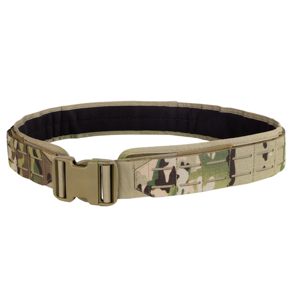 The Condor LCS Gun Belt in MultiCam features a durable plastic buckle and camouflage pattern, ideal for outdoor or military use. Displayed on a plain background.