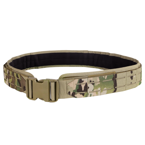 The Condor LCS Gun Belt in MultiCam features a durable plastic buckle and camouflage pattern, ideal for outdoor or military use. Displayed on a plain background.