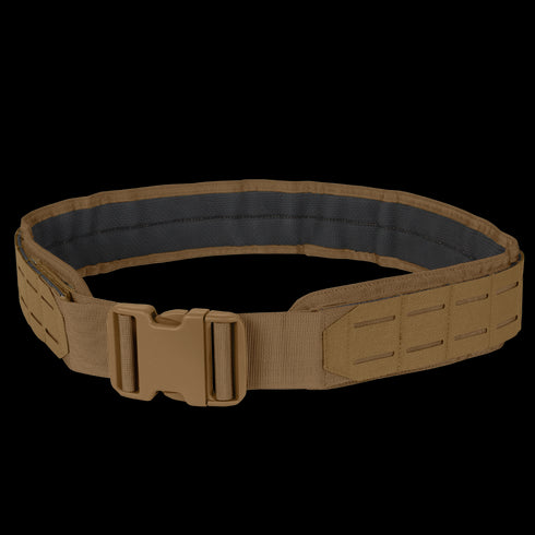 The Condor LCS Gun Belt is a tactical brown nylon belt with a plastic buckle and reinforced black inner lining, ideal for military or first responder utility use.