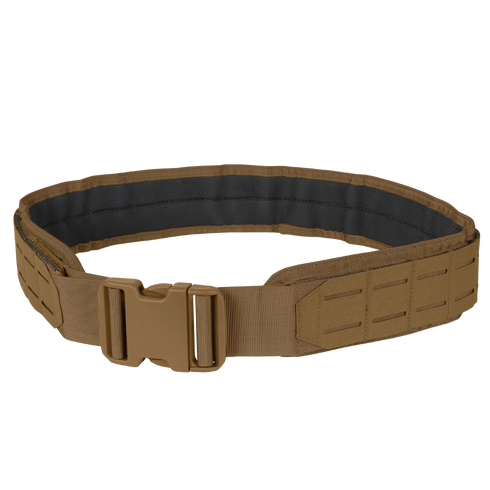 The Condor LCS Gun Belt is a tactical brown nylon belt with a plastic buckle and reinforced black inner lining, ideal for military or first responder utility use.