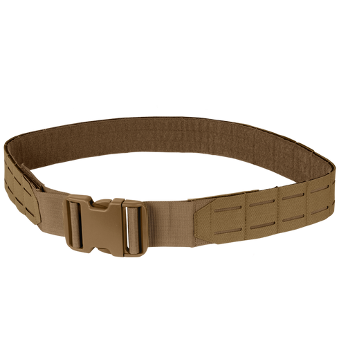 The Condor LCS Gun Belt is a tan tactical belt featuring reinforced stitching and a quick-release buckle, ideal for military or law enforcement use.