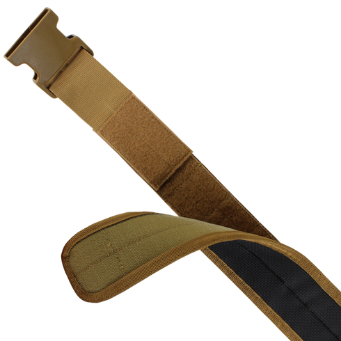A close-up of the Condor LCS Gun Belt - MultiCam shows its tan adjustable strap with plastic buckle and Velcro fastener, partially looped and reinforced-stitched edges, designed for tactical use.