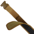 A close-up of the Condor LCS Gun Belt - MultiCam shows its tan adjustable strap with plastic buckle and Velcro fastener, partially looped and reinforced-stitched edges, designed for tactical use.