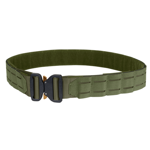 The Condor LCS Cobra Gun Belt is an olive green tactical belt with a black buckle and laser-cut MOLLE slots, built for heavy-duty use.