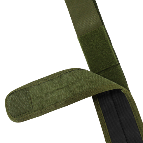 Close-up of the Condor LCS Cobra Gun Belt in MultiCam: green fabric strap with Velcro fastenings, partially open to reveal hook-and-loop closure and black inner lining—perfect for EDC or military use.