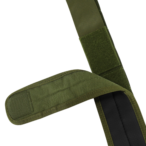 Close-up of the Condor LCS Cobra Gun Belt in MultiCam: green fabric strap with Velcro fastenings, partially open to reveal hook-and-loop closure and black inner lining—perfect for EDC or military use.