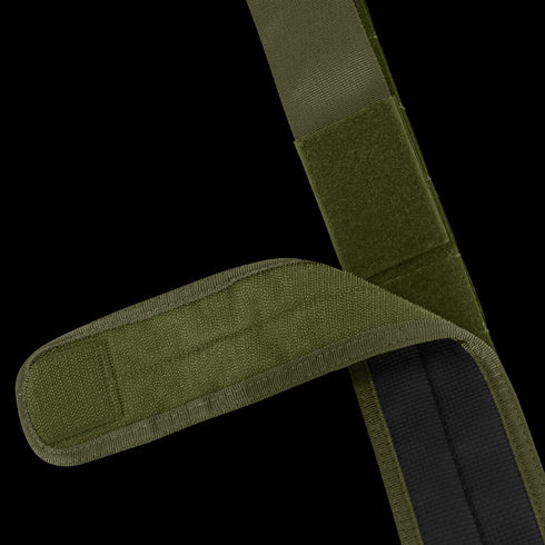 The Condor LCS Cobra Gun Belt is a green adjustable strap with a hook-and-loop fastener, partially open to reveal the black interior lining.