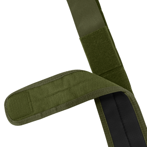 The Condor LCS Cobra Gun Belt is a green adjustable strap with a hook-and-loop fastener, partially open to reveal the black interior lining.