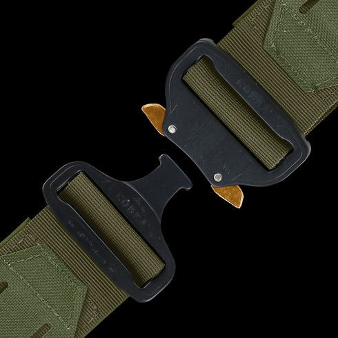 Close-up of the Condor LCS Cobra Gun Belt in olive green, featuring a black metal quick-release buckle partially unclasped and highlighting the detailed stitching and rugged fabric texture.