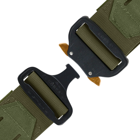 Close-up of the Condor LCS Cobra Gun Belt in olive green, featuring a black metal quick-release buckle partially unclasped and highlighting the detailed stitching and rugged fabric texture.