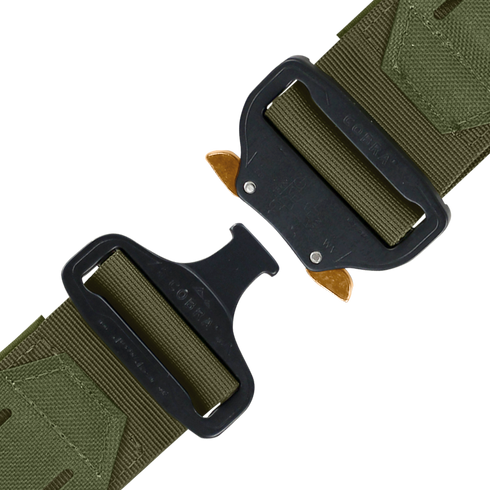 Close-up of the Condor LCS Cobra Gun Belt in olive green, featuring a black metal quick-release buckle partially unclasped and highlighting the detailed stitching and rugged fabric texture.