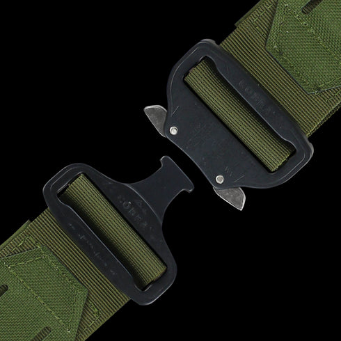 Close-up of the Condor LCS Cobra Gun Belt in MultiCam, featuring a black metal buckle partially unclasped to reveal the locking mechanism—ideal for EDC or shooting range trips.