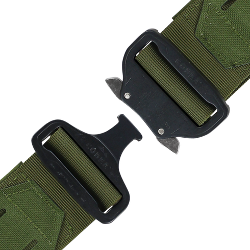 Close-up of the Condor LCS Cobra Gun Belt in MultiCam, featuring a black metal buckle partially unclasped to reveal the locking mechanism—ideal for EDC or shooting range trips.